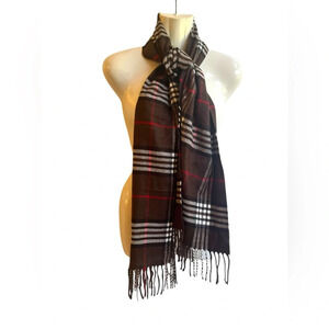 Italy Design Brown Plaid Cashmere Blend Fringe Scarf 12X54’